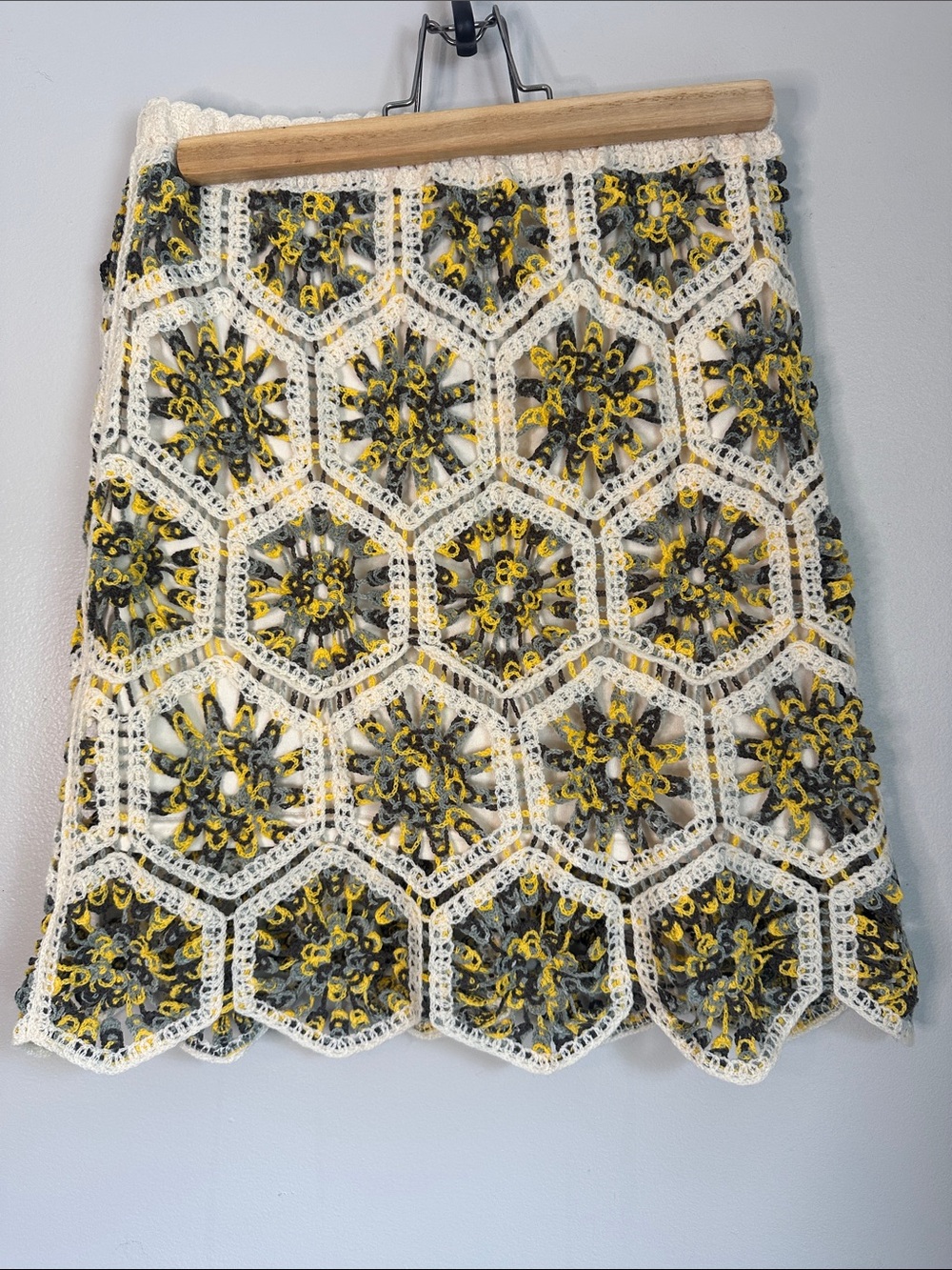 Bohemian Yellow, Cream, and Gray Crochet Miniskirt with Lining, Large